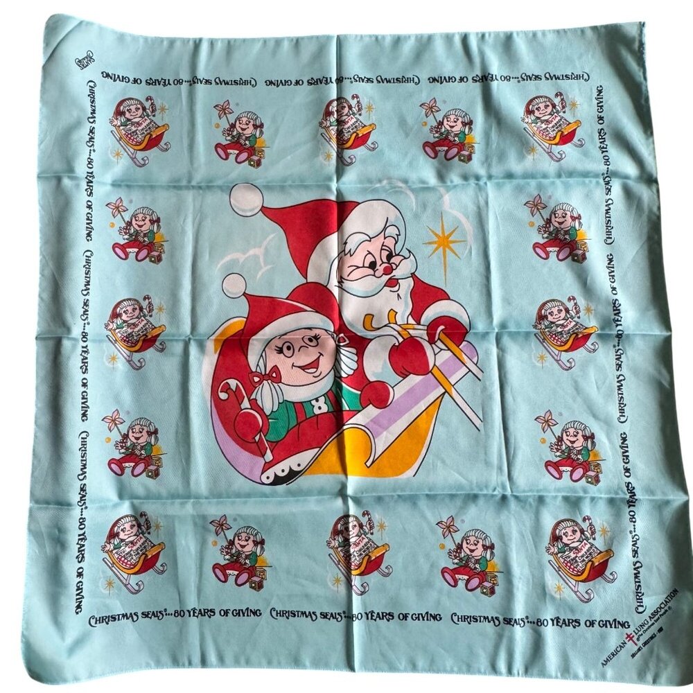 Vtg 80s American Lung Association ALA Christmas Seals SANTA Bandana Scarf Blue